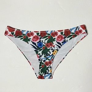 Shekini Women's White & Multicolor Tropical Floral Bikini Swim Bottom Size L